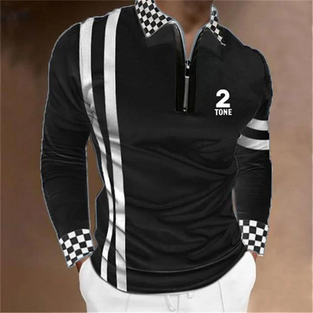 Camisa Polo Masculina em Estampa Xadrez com Zíper e Manga Comprida - Moda Esportiva e Streetwear Designer em Impressão 3D