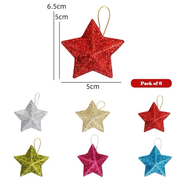 Conjunto de 6 Mini Estrelas Coloridas em Glitter para Decoração de Natal e Ano Novo