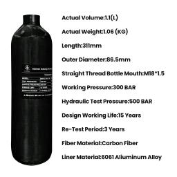 Tuxing-Fibra De Carbono Cilindro com Válvula Reguladora, Garrafa De Ar Comprimido, Tanque HPA para Mergulho, 300Bar, 1.2 L, 4500Psi, M18 * 1.5 - Image 6