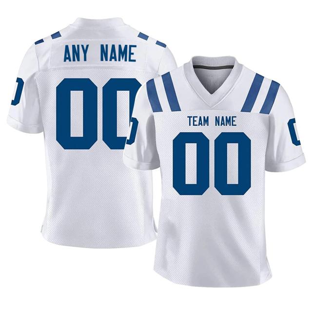 Camisa de Futebol Americano Personalizada em Branco e Azul para Homens, Mulheres, Jovens e Crianças - Imprima Seu Nome e Número da Equipe!