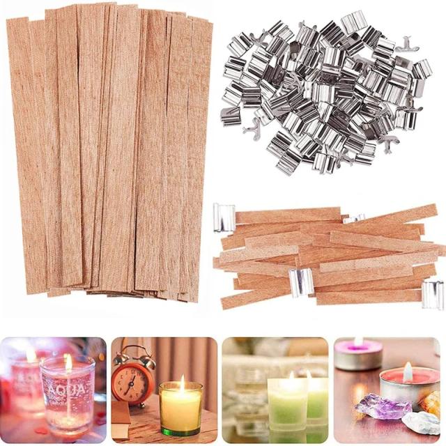 Conjunto de 30 Pavios de Madeira para Velas com Suporte de Ferro - Eco-Friendly e Ideal para DIY com Cera de Soja e Parafina