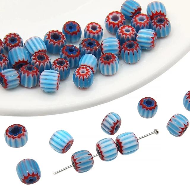 Contas de Vidro Artesanais com Balde Listrado e Mil Flores para DIY - Conjunto de 30 Peças para Colares e Acessórios