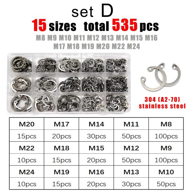 Kit Anel de Retenção Interno M8-M24 Aço Inox 304 e Aço 65Mn - 500 a 535 Peças