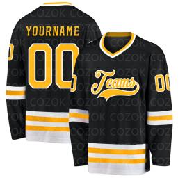 Jersey de hóquei em gelo personalizado para homens e mulheres, camisas de treinamento de competição, 3D imprime seu nome e número, preto e dourado - Image 3