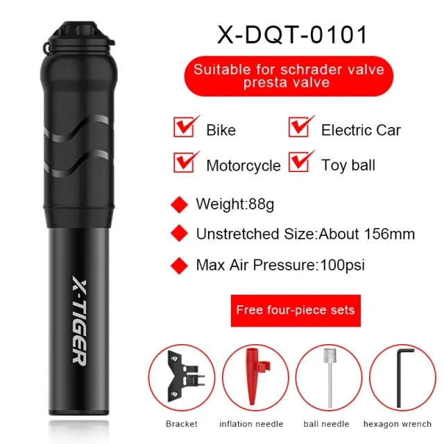 Mini Bombas Portáteis X-Tiger para Bicicletas - Alta Pressão com Adaptador Presta e Schrader