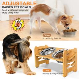 Tigelas de cachorro elevadas de aço inoxidável Tigelas aumentadas ajustáveis com suporte de bambu Alimentador de gatos Animal de estimação de vários tamanhos - Image 4