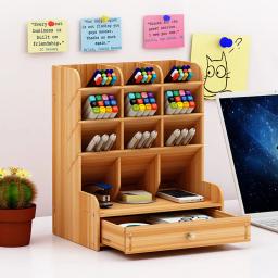 1pc organizador de mesa de madeira multifuncional desktop papelaria caneta titular caixa para escritório em casa material escolar armazenamento titular - Image 1