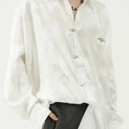 Novo estilo chinês dragão padrão jacquard camisa de seda para homens casual fivela de metal maçante preto estético neutro solto-ajuste camisa - Image 3