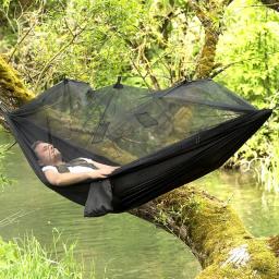 T1-2 pessoa portátil acampamento ao ar livre hammock com mosquiteiro de alta resistência parachute tecido pendurado cama caça dormir balanço - Image 1