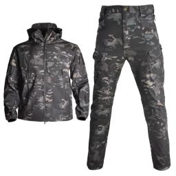 Conjunto de jaqueta impermeável com capuz, casca macia, pele de tubarão, calças de carga à prova de vento, terno multi-bolsos, uniformes, 2 peças - Image 6
