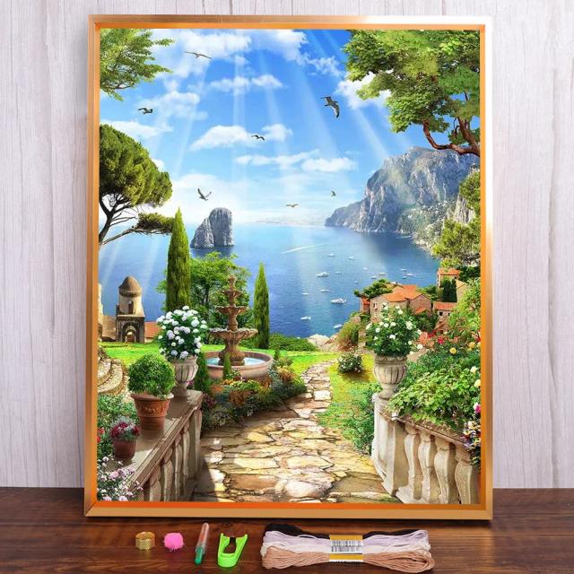 Paisagem Mar em Tecido Impresso - Kit Completo de Ponto Cruz para Bordado e Costura Artesanato com Agulha de Tricô em Promoção Mágica