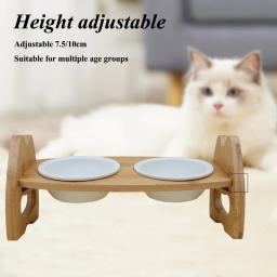 Tigela dupla cerâmica com suporte de madeira para animais de estimação, proteção do pescoço, bacia para cães e gatos, inclinação ajustável, tigelas separadas, acessórios para animais - Image 2