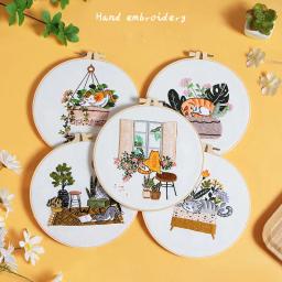 Bordado Starter Kit com Padrões e Instruções, DIY Adulto Iniciante, Ponto Cruz com Padrão de Planta, Gato - Image 1