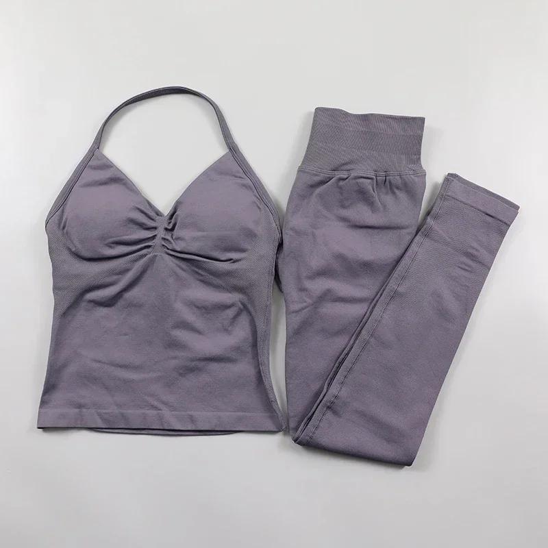 Um conjunto de yoga de leggings de impacto de alta elasticidade das mulheres de fitness de 2 peças, calças justas de impacto de fitness e alça de pescoço yoga exerc - Image 1