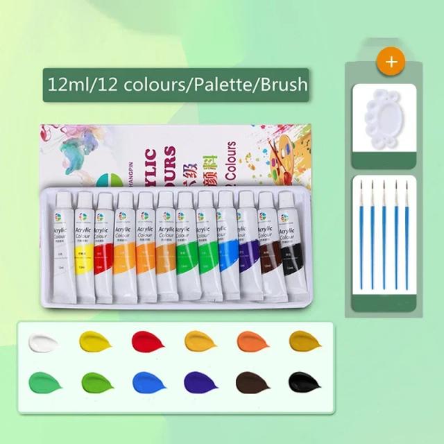 Conjunto de Tinta Acrílica em Tubos de 12ml com 12, 18, 24 e 36 Cores Vibrantes para Pintura em Roupas e Artística