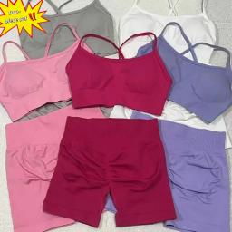 Conjunto de fitness de 2 peças 2025 verão cruz suspender sutiã esportivo e shorts de quadril conjunto de fitness feminino yoga multicolorido pilates equitação conjunto - Image 3