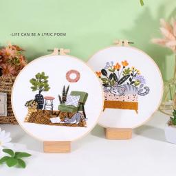 Bordado Starter Kit com Padrões e Instruções, DIY Adulto Iniciante, Ponto Cruz com Padrão de Planta, Gato - Image 3