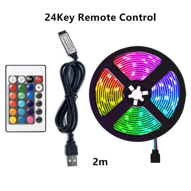 Fita de LED RGB Flexível com Controle Remoto para Decoração de Festas e Iluminação de Ambientes - 60 LEDs, 24 Chaves, 2835, 5V