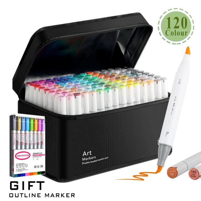 48/60/80/120 cores pincel de ponta dupla e cinzel canetas marcadoras de arte permanente com base e marcadores de contorno kit de suprimentos de desenho-recarregáveis