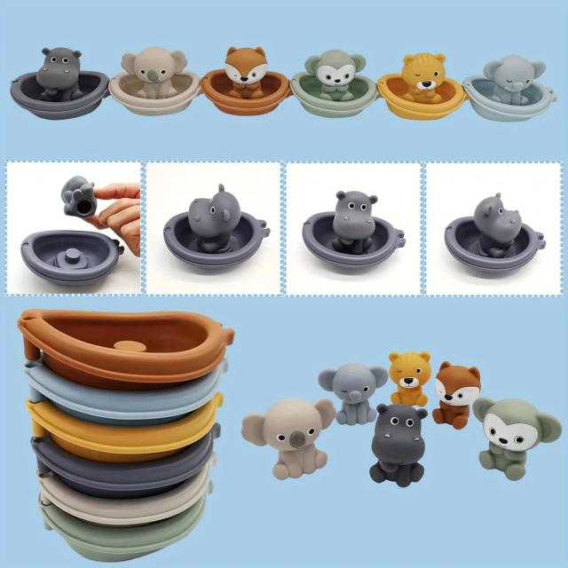 Conjunto de Brinquedos de Banho Animais Empilháveis Sensorial Infantil com Ventosas