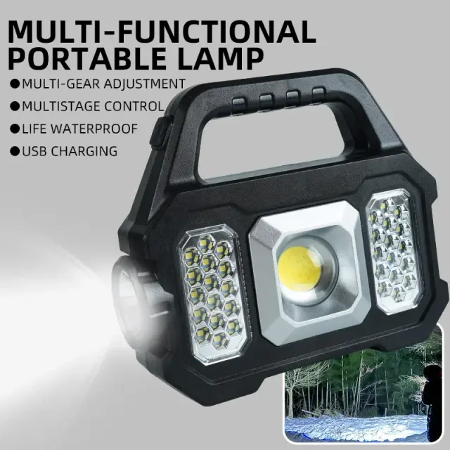 Lanterna Recarregável LED Multifuncional de Alta Potência com Carregamento Solar e 6 Modos de Iluminação para Acampamento e Trabalho