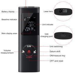 Mini medidor de distância a laser inteligente, 40m/60m, telêmetro infravermelho, recarregável por usb, portátil, ferramentas de alcance a laser - Image 2