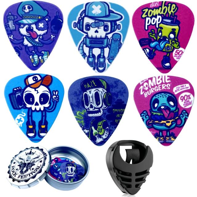Miwayer-Art Cool Guitar Pick: Caixa de Metal com 6 Palhetas Pretas, Presente Ideal para Baixo, Elétrico e Acústico
