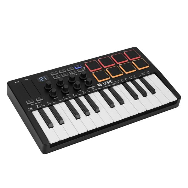 Controlador de Teclado MIDI Sem Fio M-VAVE Mini com 25 Teclas e 8 Almofadas Retroiluminadas para Produção Musical com Software Incluído