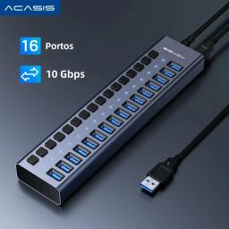 Acasis USB 3.1 10Gbps Hub 16 Portas Splitter extensor usb Transferência De Dados De Carregamento Interruptor Individual Luz Indicadora Para Impressora De Teclado Mouse - Image 1