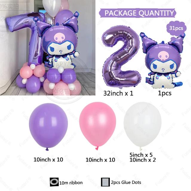 Kit de Balões Sanrio Kuromi Roxo para Festa de Aniversário Infantil, 32 Peças, Números 1 a 9