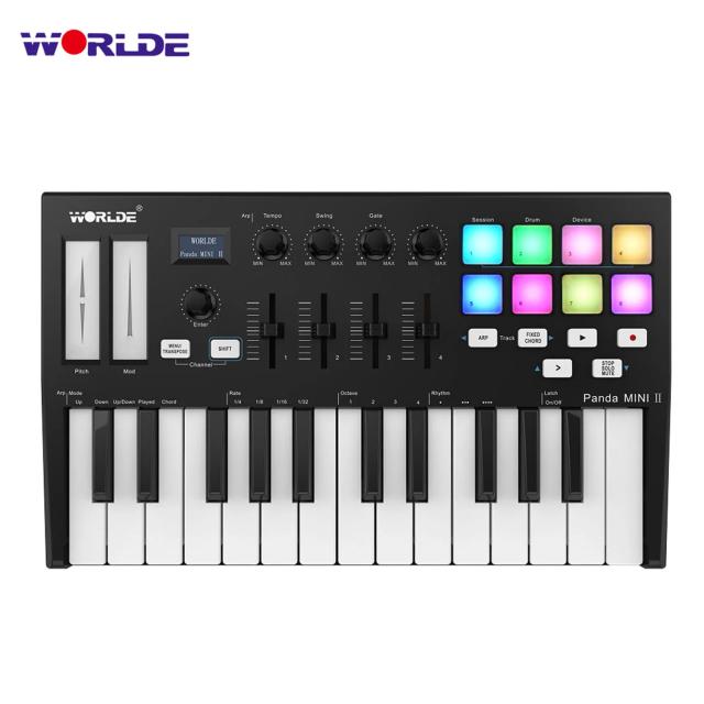 Controlador MIDI Portátil WORLDE Mini com 25 Teclas, Almofadas Retroiluminadas e 8 Botões para Piano Teclado