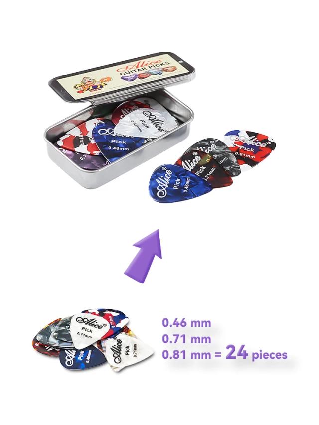 Kit completo com 24 palhetas Alice para guitarra nas espessuras 0,46, 0,71 e 0,81 mm com caixa organizadora
