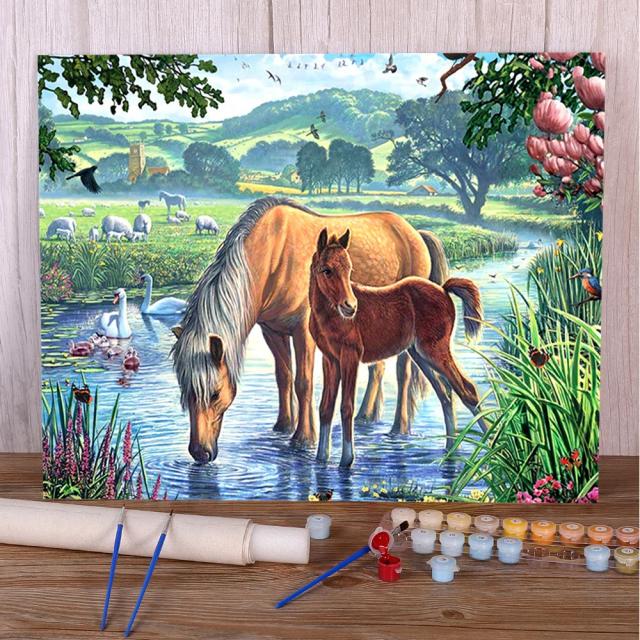 Conjunto Completo de Pintura a Óleo para Adultos - Animais e Cavalos, Inclui Números, Tintas e Acessórios para Decorar sua Casa e Criar Arte em 40x50 cm