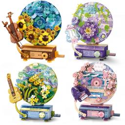 Blocos de Construção Flor Mão Record Player, Tijolos De Instrumentos Musicais Criativos, Brinquedos De Decoração Para Crianças, Presente, 4Pcs por Conjunto - Image 1