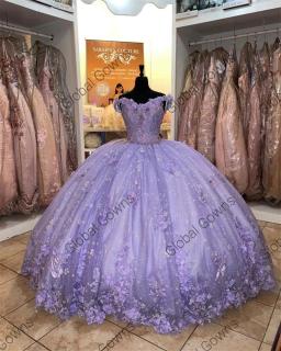 Vestido Quinceanera fora do ombro para menina, Vestido de baile roxo, Vestidos 3D frisados, Festa de aniversário, Vestidos de baile, Sweet 16, México - Image 3