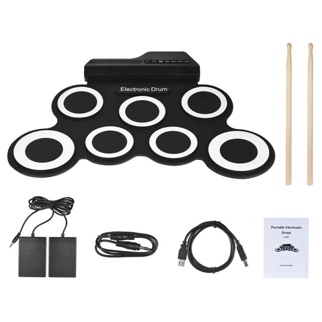 Bateria Eletrônica Digital Compacta com 9 Almofadas de Silicone Dobrável e Acessórios Inclusos
