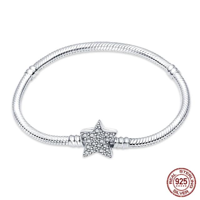 Pulseira de Prata 925 com Estrelas, Lua, Sol e Trevo de Quatro Folhas - Zircão Verde - Acessório DIY Elegante para Presentes de Aniversário