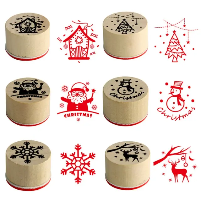 Carimbo de Borracha de Madeira para Artesanato: Conjunto de 6 Selos Natalinos com Papai Noel, Flocos de Neve e Veados