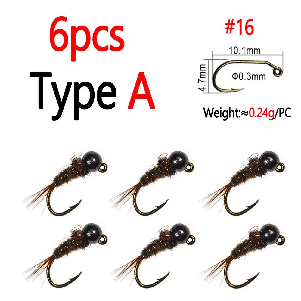 Bimoo 6PCS # 16 farpado cabeça de contas de tungstênio gabarito ninfa fly faisão cauda pia rápida molhado euro perdigon ninfa mosca truta iscas de pesca - Image 1