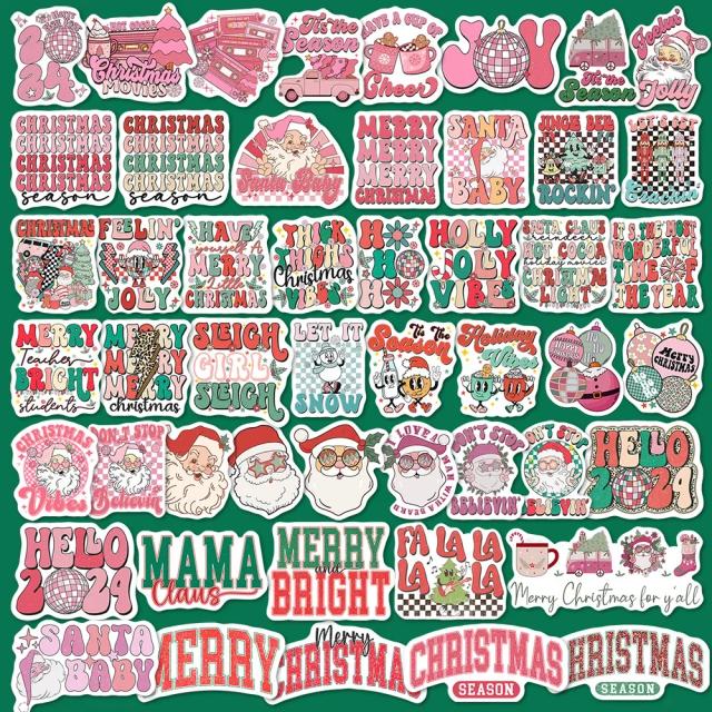 50 Adesivos Vintage de Natal Rosa com Papai Noel e Boneco de Neve - Decalques à Prova d'Água para Laptop e Scrapbooking