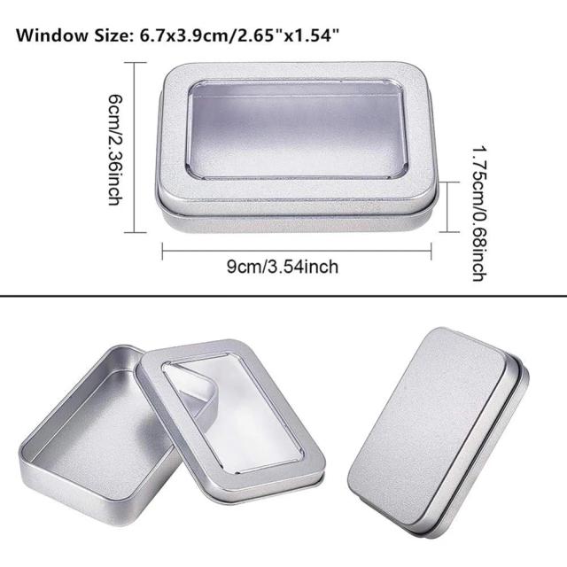 Caixa de Lata Retangular com Tampa e Janela Transparente - Latas de Metal Prateadas para Presentes - Pacote com 10 Unidades (3,5x2,6 Polegadas)