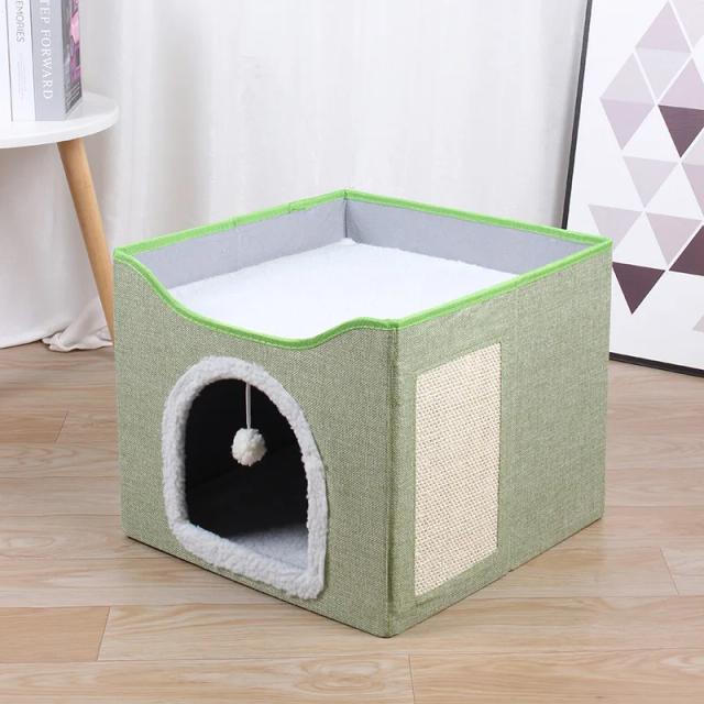 Camas Confortáveis para Gatos de Interior com Caverna Grande, Bola Fofa Pendurada e Arranhador Integrado