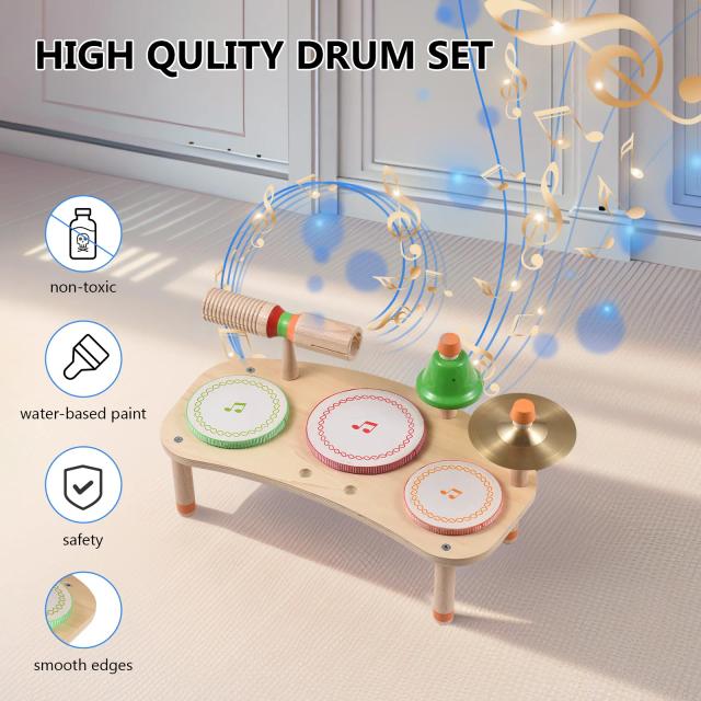Kit de Bateria Portátil Destacável 7 em 1 em Madeira Natural para Instrumentos de Percussão de Mesa