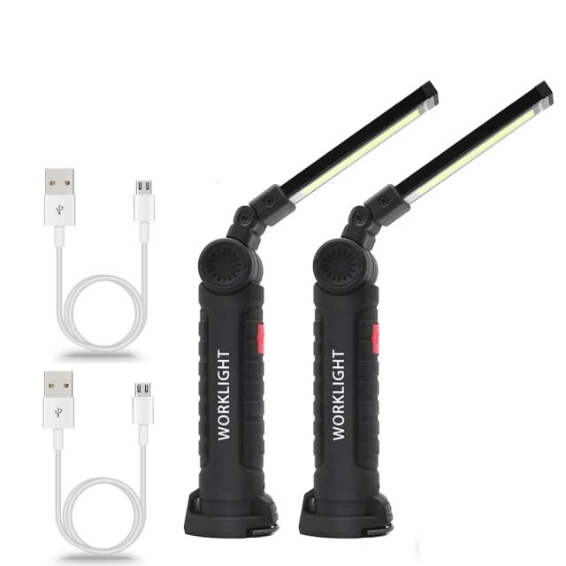 Lanterna LED portátil USB recarregável e magnética para trabalho e acampamento com bateria embutida e gancho pendurado