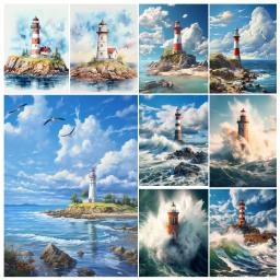 Pintura por números à mão farol para adulto, kit de pintura acrílica diy, beira-mar, presente para decoração de casa - Image 1