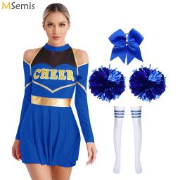 Trajes de dança de torcida para mulheres, vestido manga comprida com pompons, meias para menina de escola, fantasias de Halloween para líderes alegres - Image 1