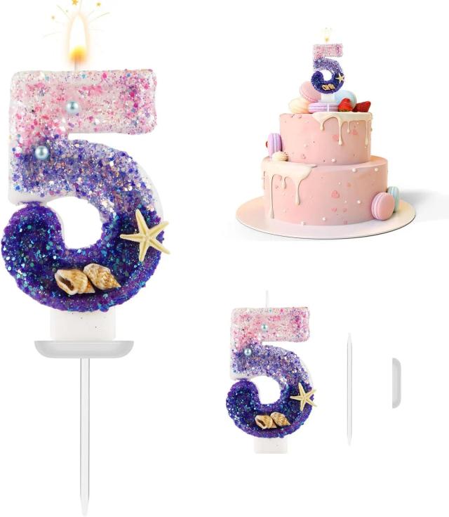 Conjunto de Velas de Aniversário Sereia com Lantejoulas Rosa e Roxa - Inclui Número 5 e Topper de Bolo