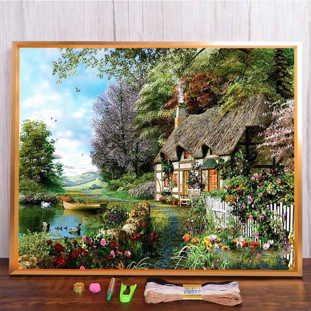 Kit Completo de Bordado DIY: Paisagem Aquática em Lona com Ponto Cruz e Design Artesanal Exclusivo