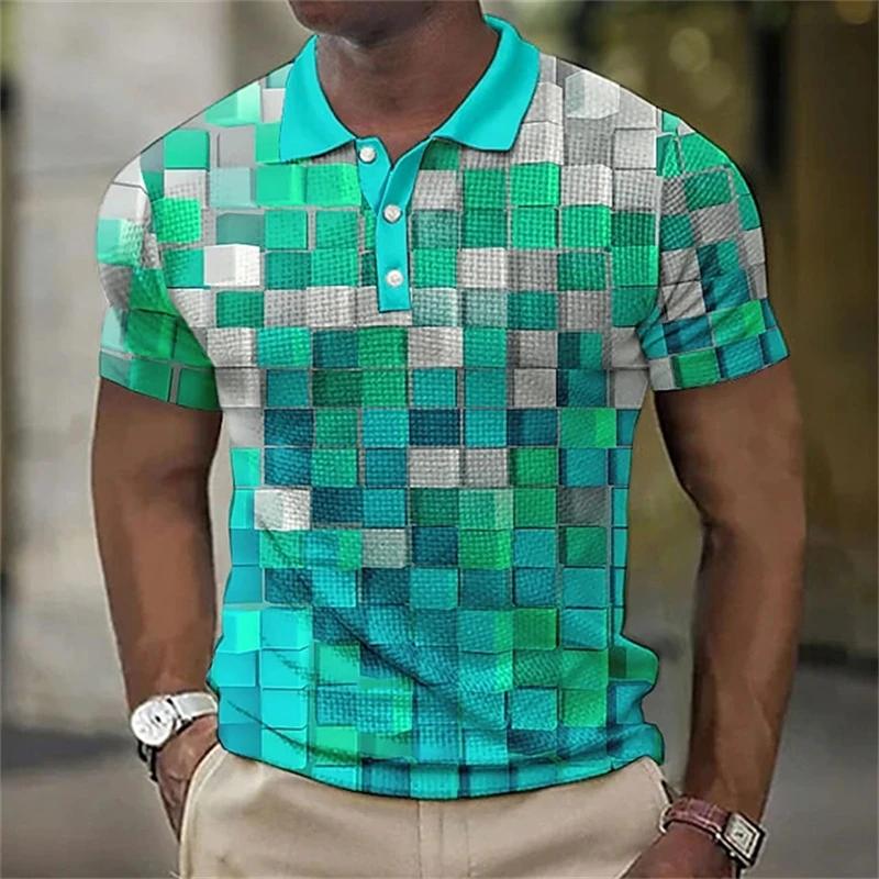 Camisa Polo Masculina Colorida, Lapela, Polos de Botão, Camisa de Golfe, Estampas Gráficas, Turndown Geométrico, Alta Qualidade, Roupas Masculinas - Image 1
