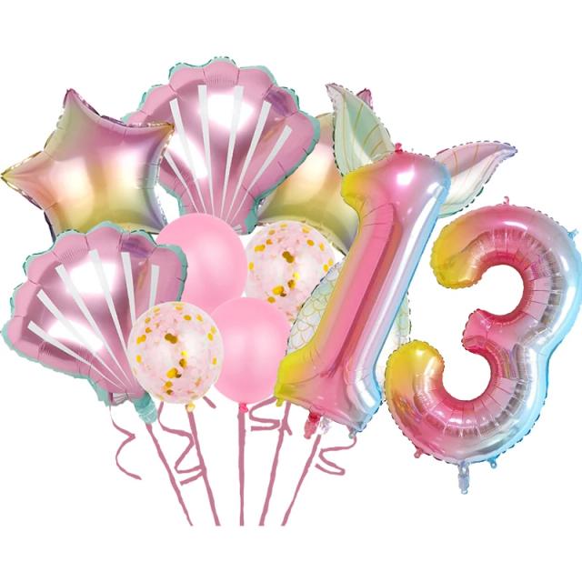 Conjunto Completo de Decoração de Aniversário Infantil Temática de Sereia: Balões, Toalha de Mesa, Banner de Fundo e Acessórios para Baby Shower